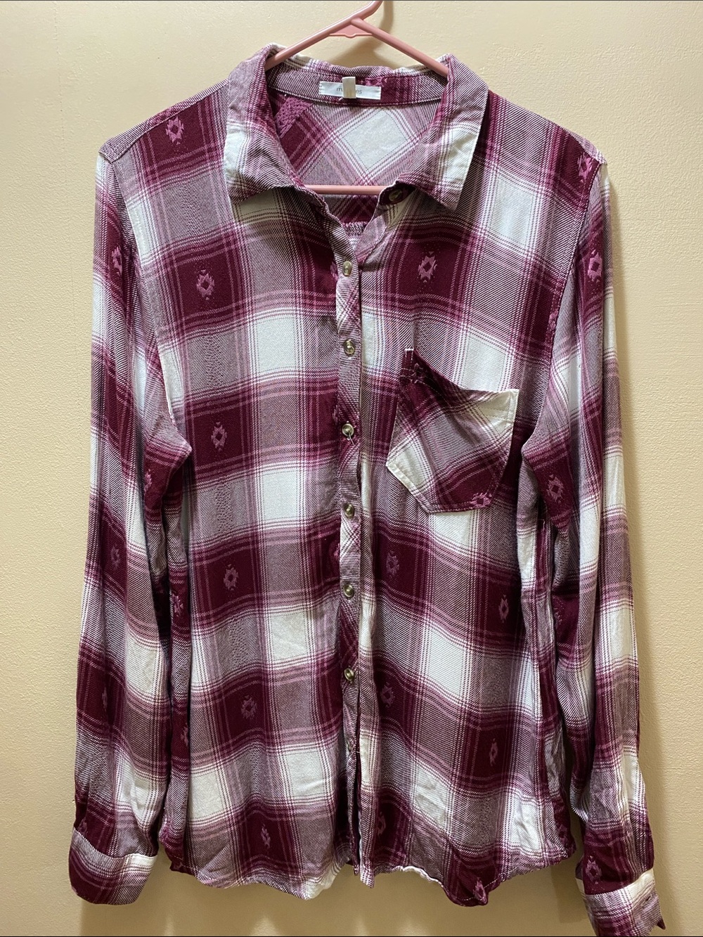 Maurices Maroon and White Plaid Button-Down Flannel Shirt-Large Cozy Fall